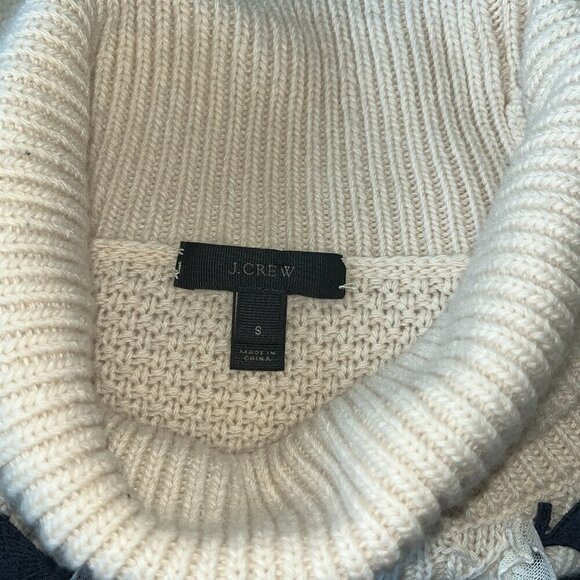 J CREW Cowl Neck Wool Blend Cable Sweater Embellished with Navy & Cream Lace - S - Picture 6 of 9